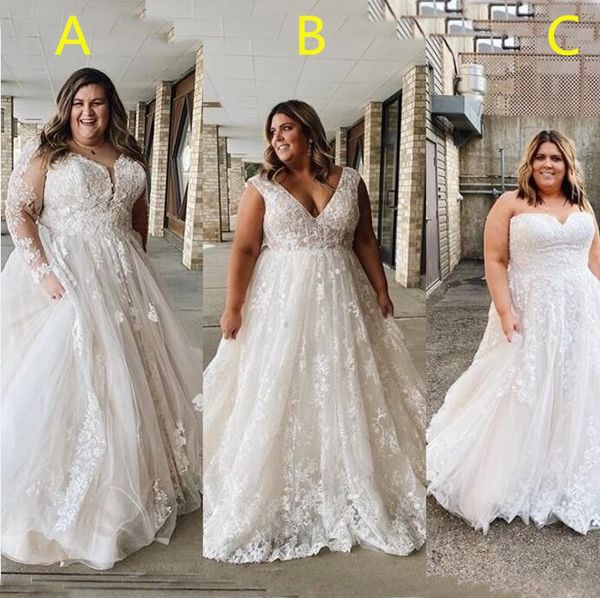 

vintage full lace plus size wedding dresses a line ivory champagne 2021 bridal gowns v neck long sleeves floor length wedding wear, White