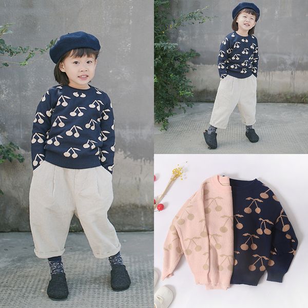 

2019 spring and autumn children korean-style cherry crew neck sweater children baby brushed and thick warm pullover knitting shi, Blue