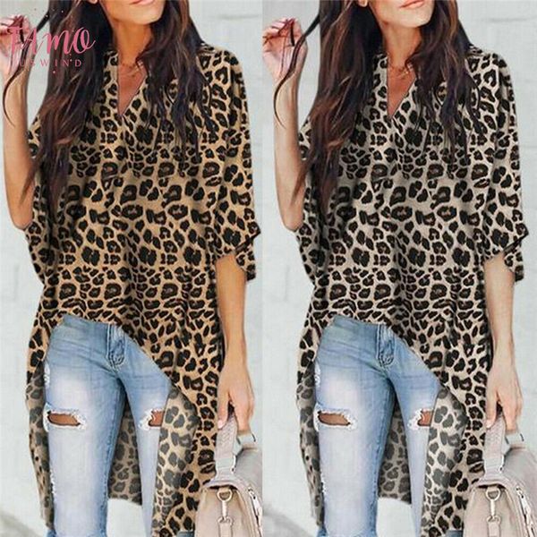 

fashion womens ladies summer leopard print long v neck mid sleeve tee shirt casual loose t shirt, White