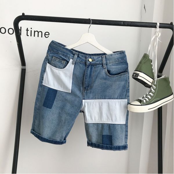 

2019 spring and summer new korean version of thetrend of men and womencomfortable high quality patch creative cotton loose jeans, Blue