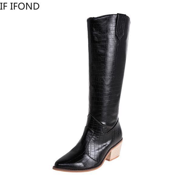 

if ifond faux leather women knee high boots pointed toe high heels wedge snake print western cowboy boots, Black