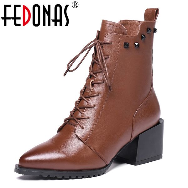 

fedonas brand women genuine leather ankle boots high heels rivets night club party shoes woman lace up short ladies boots, Black