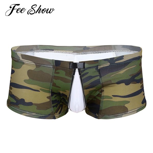 

feeshow men camouflage printed lingerie sissy panties underwear low rise u pouch zipper crotch boxer shorts homme male panties, Black;white