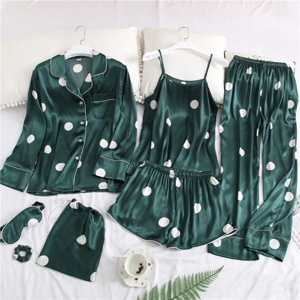 

7-piece spring and summer women's silk pajamas set pajamas satin pijama set print dot pyjamas clothing sleepwear, Blue;gray