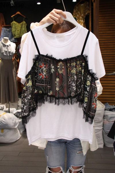 

neploe lace fake two pieces t shirts korean printing sweet women shirt 2019 summer short sleeve tshirt femme tees 52801, White