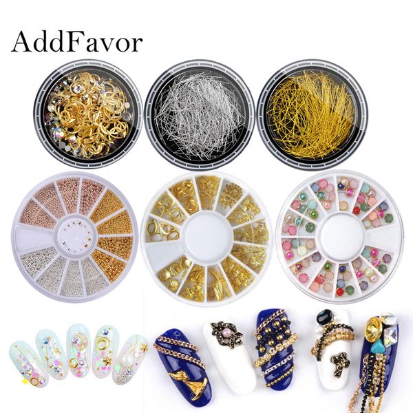 

addfavor nail art rhinestone gems beads studs pearl nails charms accessories design striping line mixed nail decoration jewelry, Silver;gold