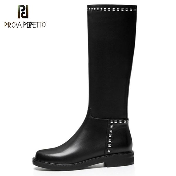 

prova perfetto 2019 woman high boots rivet metal decoration boots winter genuine leather knee high comfort low heels, Black