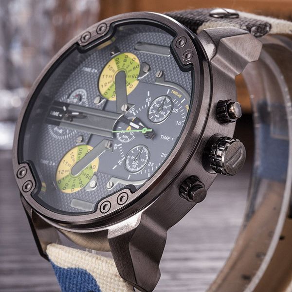 

camouflage leather strap male quartz motion wrist watch dual timezone 57mm large dial automatic date motion extravagant, Slivery;brown