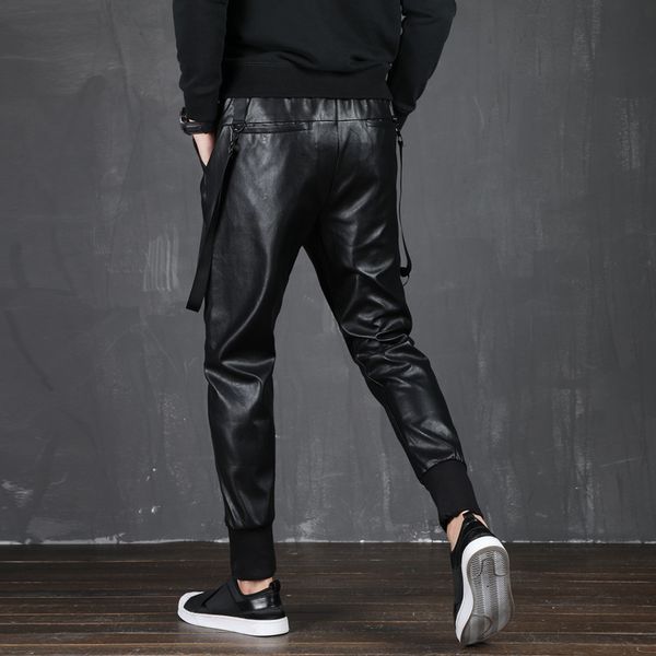 

men in leather pants elastic tapes of casual men's fashion of the motorcycle pants hip hop, Black