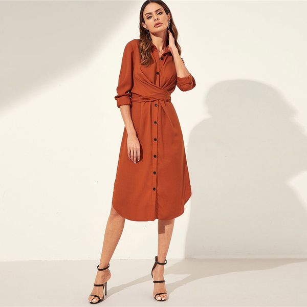 

designer dress women clothing orange knot back curved hem shirt dress women long sleeve office dresses 2019 elegant womens midi dress, Black;gray