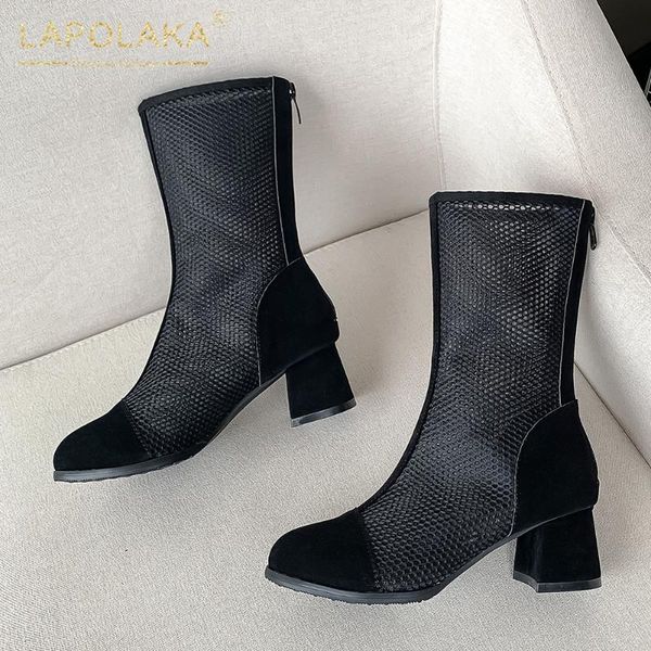 

lapolaka 2020 large size 43 cow suede zip up mid calf boots woman shoes chunky heels summer shoes women boots, Black