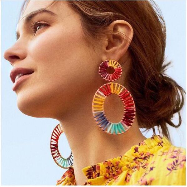

raffia european and american cross-border new ear jewelry creative colorful geometric candy-colored hand-woven raffia earrings, Silver