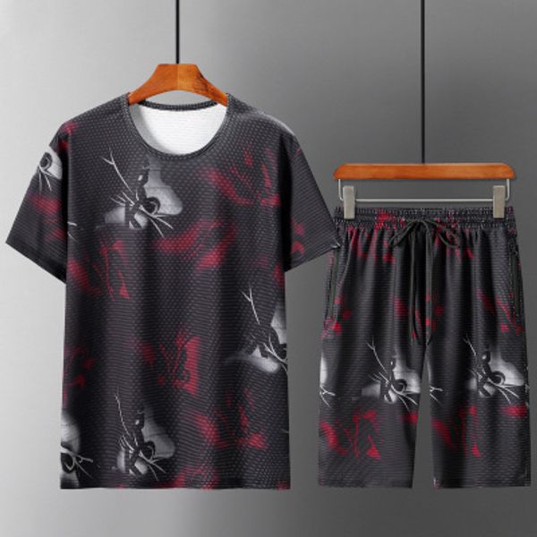 

men's clothing 2 piece set mens sports suit summer short-sleeved t-shirt trend plus fat plus xl casual loose shorts summer, Gray