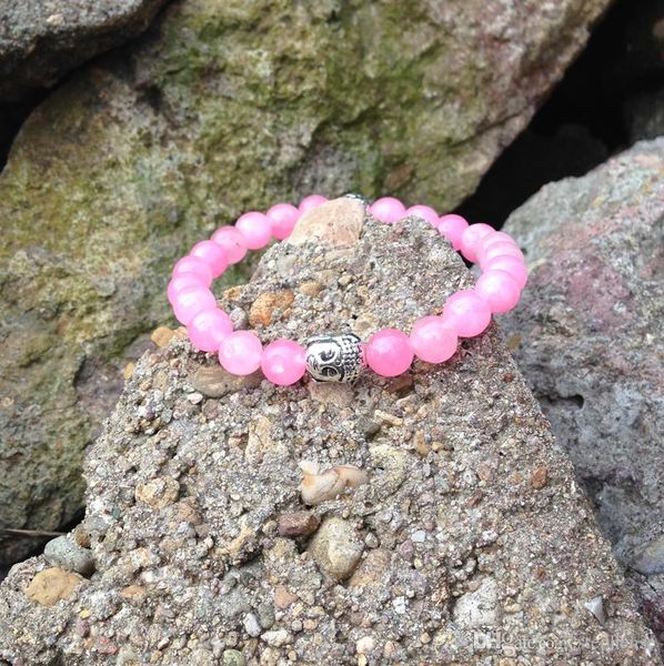 SN0415 Regalo di compleanno per ragazze adorabili Braccialetto di buddha in pietra rosa perline di preghiera mala yoga braccialetto di perline di pietra elasticizzato da donna