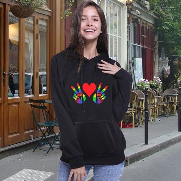 

victory sign print womens long sleeve ladies casual clothes designer lgbt women hoodies rainbow colors, Black