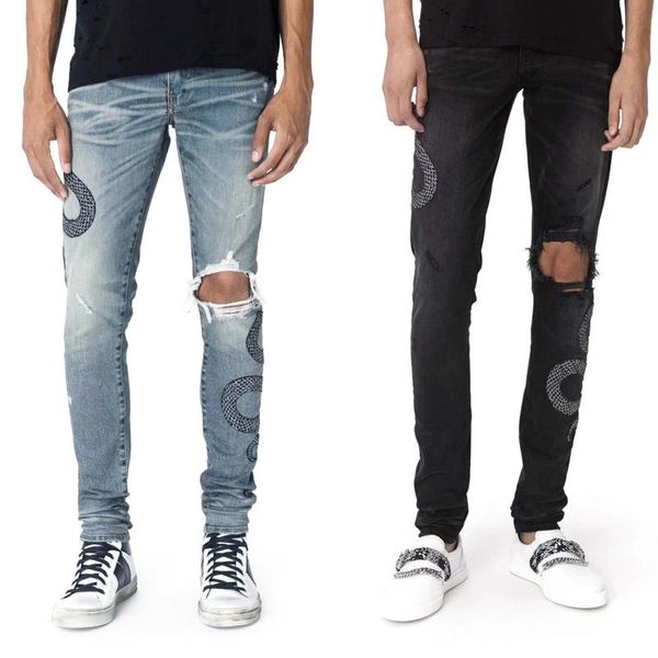 

весна 2019 года новые отверстия джинсы мужчины в европе и модные моды amiri вышитой культивировать свою нравственность брюки мужского fash, Blue
