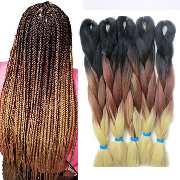 

ombre brown three tone jumbo braiding hair synthetic kanekalon jumbo braids hair kanekalon fiber braiding hair for twist 24", 100g, Black