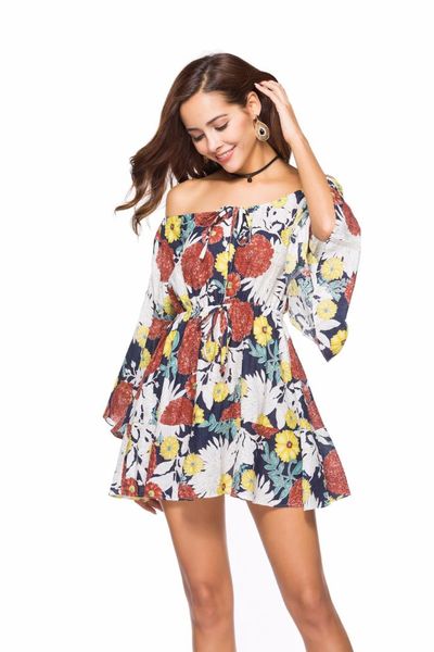 

the new summer dresses printed off shoulder mini casual dress, White;black
