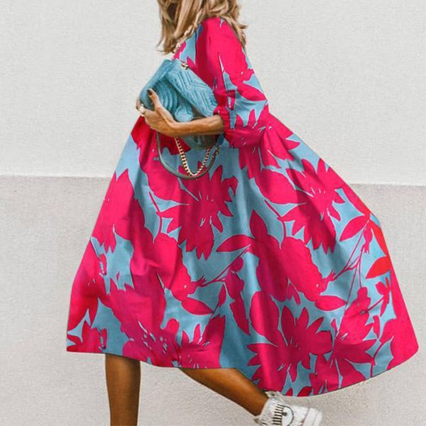 

women vintage floral print loose dress 2020 summer elegant half sleeve party dress casual o-neck ladies a-line vestido 5xl, White;black