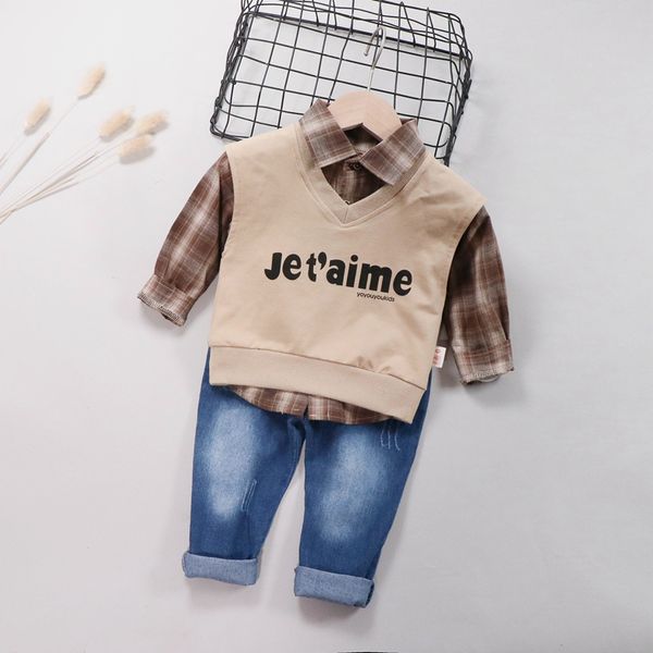 

fashion baby boy clothes for girl autumn long sleeve plaid shirt+letters print vest+denim pants trousers 3pcs casual outfits, White
