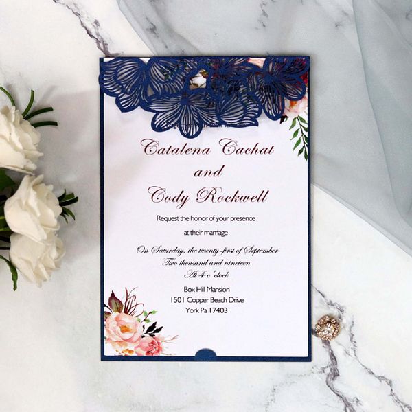 

100 pieces/lot) laser cut white navy blue wedding invitation menu card personalized print birthday baby shower party menu ic051
