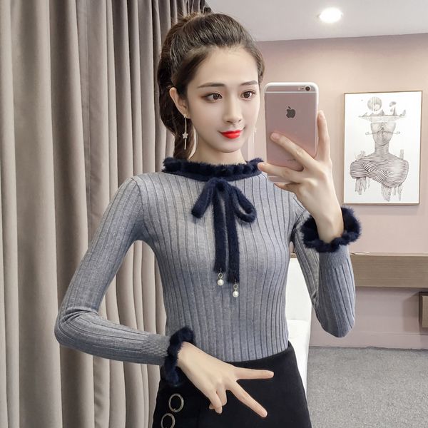 

spring autumn sweater women bow lace up ruffled solid knitted pullover slim jumper sueter mujer c92191, White;black