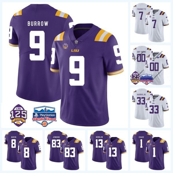 

9 joe burrow lsu tigers 125th season 4 nick brossette 2 justin jefferson 7 leonard fournette 17 racey mcmath ncaa college football jersey, Black