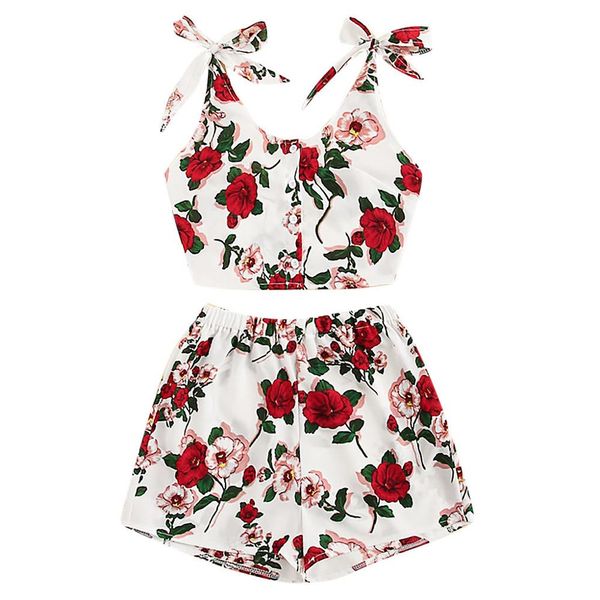 

two piece set women's suits stylish design sleeveless o-neck button casual suit floral print knot crop vest + shorts set, White