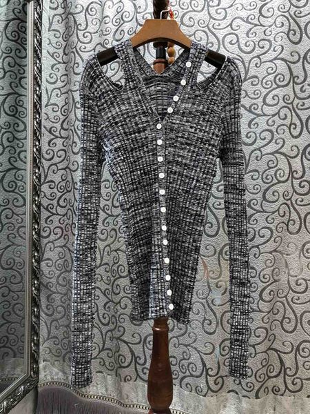 

2019 early autumn new woman irregular neckline symmetrical open shoulder long sleeve button jacket knitted shirt 804, White;black