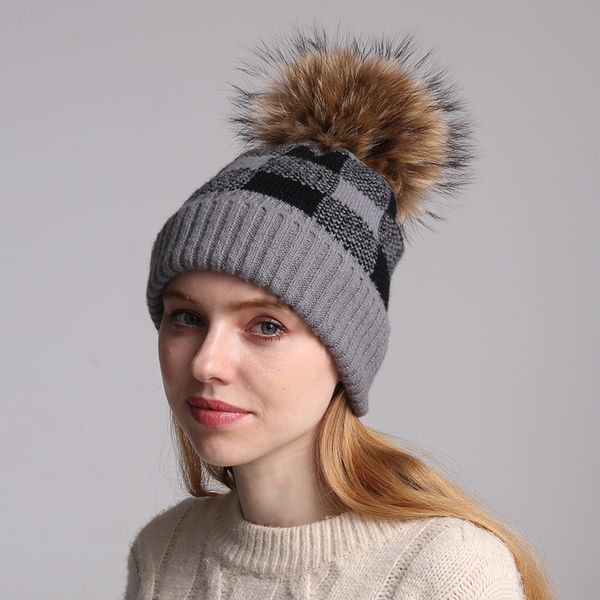 

2019 new women winter hat paid knitted wool beanie real raccoon fur pom pom hat slouchy beanies for ladies girls cap, Blue;gray
