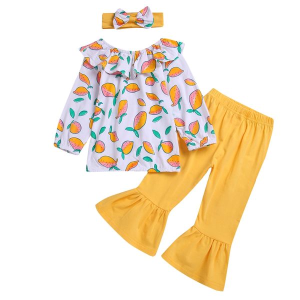 

fashion children kids baby girls clothes set lemon printed long sleeves ruffled t shirt +flare pants+headband clothes set, White