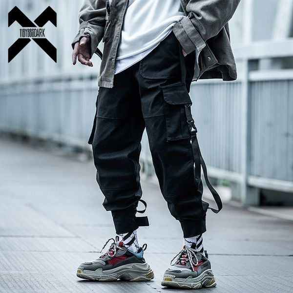 

11 bybb's dark cargo pants men hip hop tactics joggers trousers elastic waist ribbon fahsion harajuku streetwear pant male wx002, Black