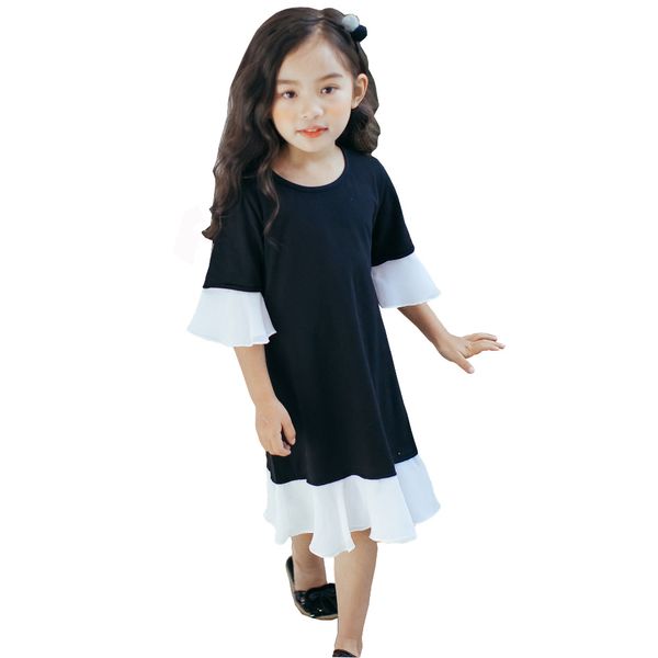 

Summer Girls Dress Cotton Teenager Children Clothing Princess Girl Flare Sleeve Black White Patchwork Dress Kids Clothes