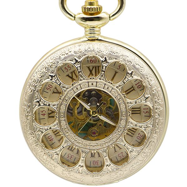 

luxury fashion mens pocket watch 12 hole hollow gold red double numeral display mechanical analog whole gold fob watch for gift, Slivery;golden