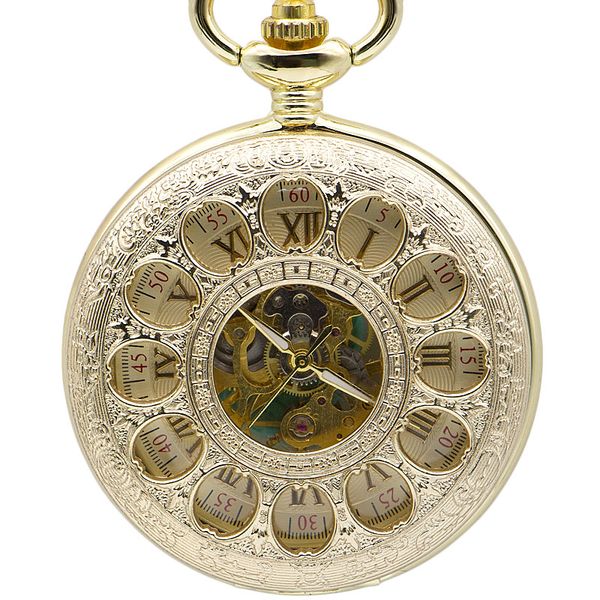 

fashion mens pocket watch 12 hole hollow gold red double numeral display mechanical analog whole gold fob watch for gift, Slivery;golden