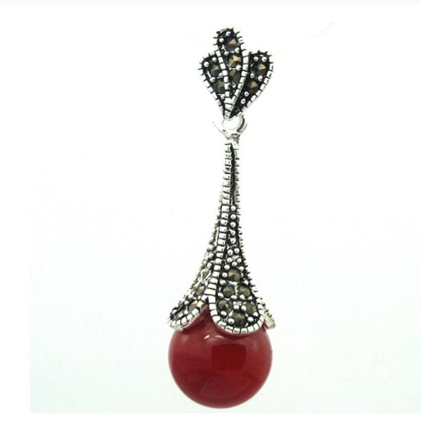 

lady's 925 sterling silver natural 12mm red jade marcasite necklace pendant 45*12mm