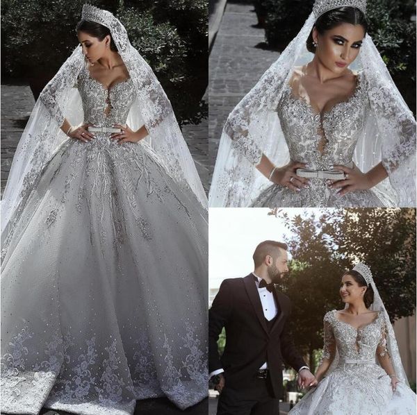 

luxury lace ball gown wedding dresses 2019 v-neck lace crystal bridal gowns robe de mariÃ©e plus size long sleeve arabic church wedding dress, White
