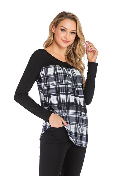 

womens spring tshirts crew neck long sleeve plaid print cute designer homme clothing fashion casual apparel, White