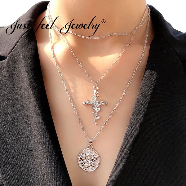 

just feel new multi-layered silver portrait coin pendant necklaces for women charm rose flower cross choker necklace accessories
