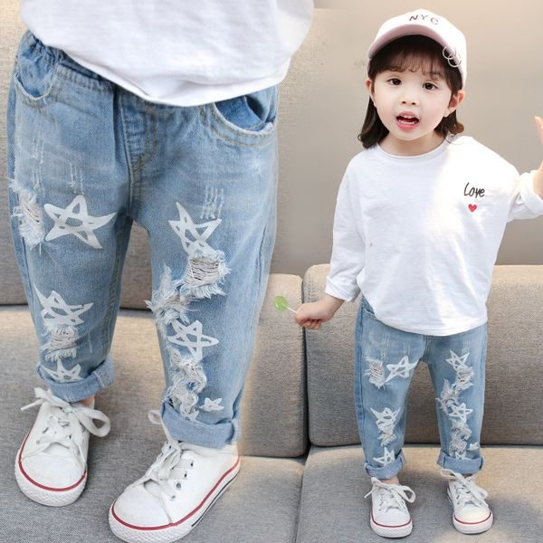 

classic girls autumn pants five-pointed star hole jeans pants children's panty jeans children's clothing, Blue