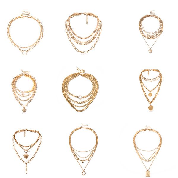 

gold silver color multilayers choker necklaces for women vintage heart letter geometric pendant necklaces collar female jewelry