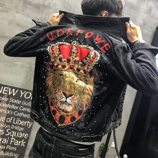 

aboorun men's punk denim jackets lion embroidery beads pleated jeans jackets brand cotton coat for male, Black;brown