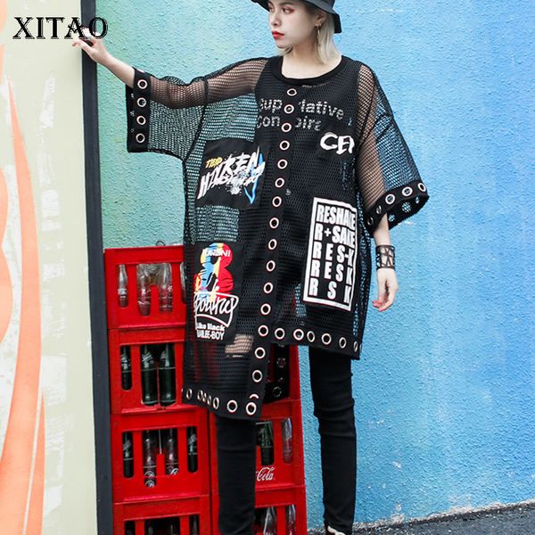 

xitao hollow out splice grid women t shirt summer plus size streetwear korean style clothes print letter black net wbb3401, White