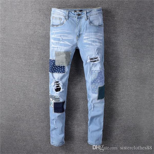 

мужские джинсы дизайнер slim fit рваные джинсы мужчин привет-стрит мужские проблемные denim бегуны колено дыры роскошь моды мужчин брюки, Blue