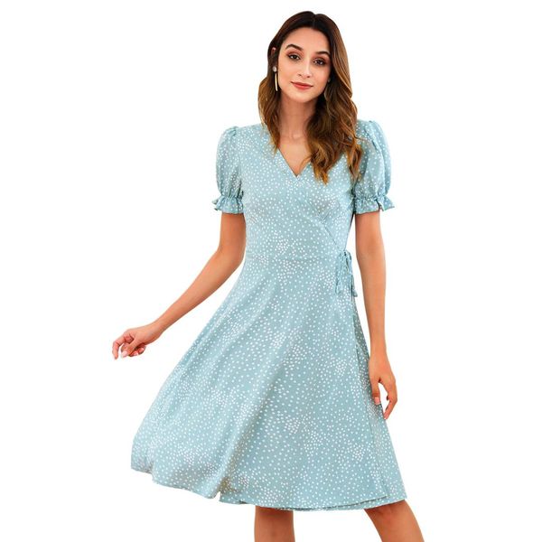 

europe and the united states new sweet female cross v-neck princess sleeves with waist and big wave dot belt print dress, White
