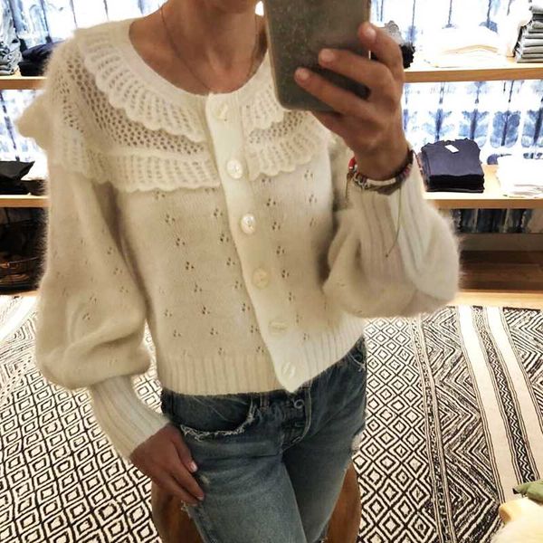 

2019 autumn sweater winter fashion single-breasted v-neck sweater women hollow cardigan knit female sweet ruffles chic cardigan, White