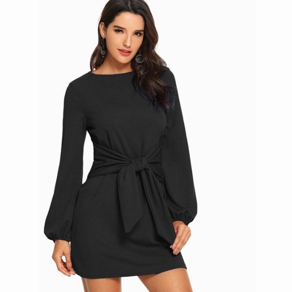 

2019 european style autumn and winter women casual belt long-sleeved dress solid color round neck wide fashion loose dress, Black;gray