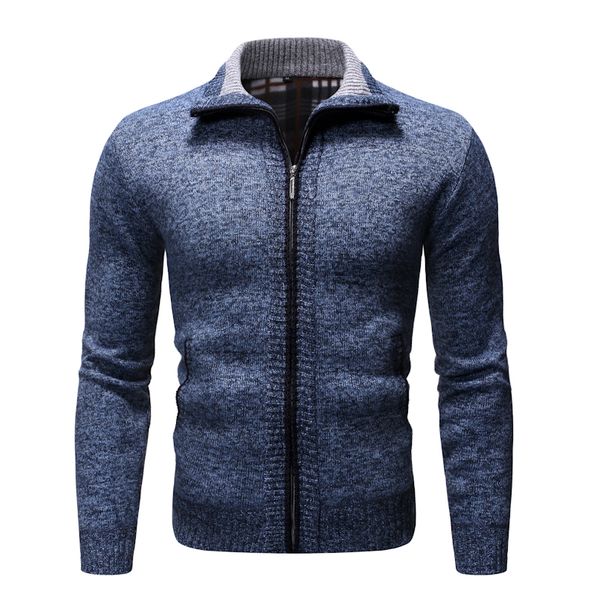 

2019 winter mens wool thick section plus velvet sweater striped zipper cardigan lapel korean version hand-painted blue gray, White;black