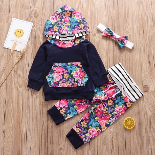 Herbst Floral Neugeborenen Baby Mädchen Kleidung Set Nette Gelb Mit Kapuze Tops Blumen Druck Hosen Stirnband 3 Stücke Säuglings Kleidung Outfits