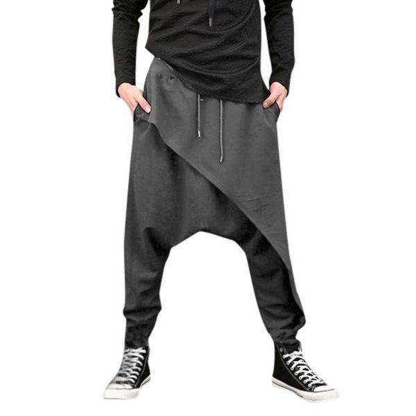 

men's casual harem pants sweatpants harem pants irregular hem loose solid color hip hop trousers jogger pantalon homme, Black